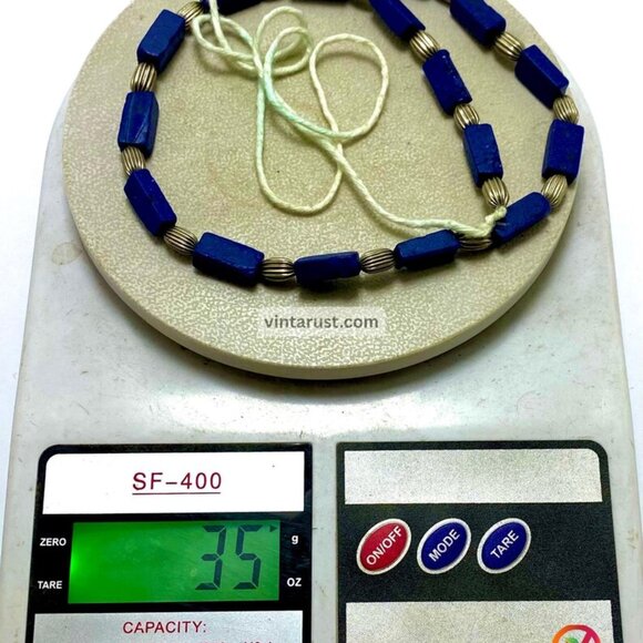 Lapis Lazuli Beaded Necklace: Silver Accent, Adjustable Cotton Tie - Picture 7 of 7